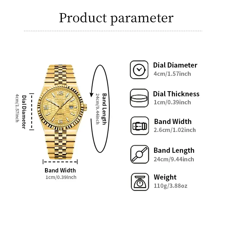 Men's Business-Style Quartz Watch — Diamond Accents, 3D Linear Mesh Texture, Luminous Display, Date Function, Water-Resistant Design (Watch Box Not Included)