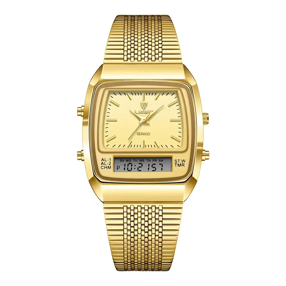 LIEBIG watches for men 34.5mm x 40mm x 10.5mm case 3ATM waterproof and scratch resistant mirror dual time zone fashionable gold watch multifunctional timing alarm clock digital sports watch