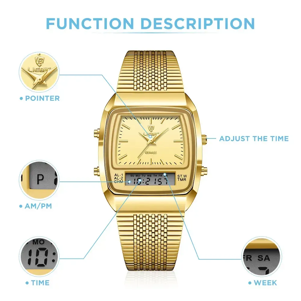 LIEBIG watches for men 34.5mm x 40mm x 10.5mm case 3ATM waterproof and scratch resistant mirror dual time zone fashionable gold watch multifunctional timing alarm clock digital sports watch
