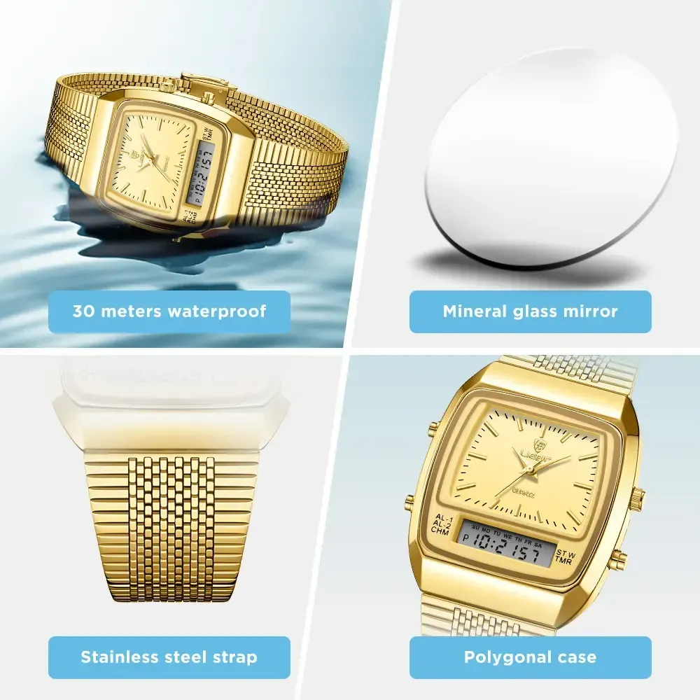 LIEBIG watches for men 34.5mm x 40mm x 10.5mm case 3ATM waterproof and scratch resistant mirror dual time zone fashionable gold watch multifunctional timing alarm clock digital sports watch