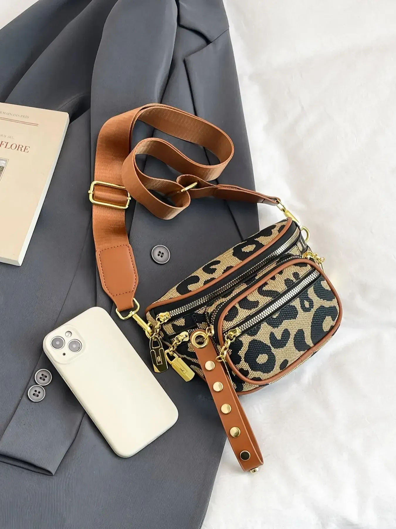 Mini Crossbody Belt Bag, Pure Color Design, Punk Style, Geometric Pattern, Leopard, Multi-Layer Storage, Suitable for All Seasons, Zipper Belt Bag, Crossbody Fanny Pack, Casual Bum Bag