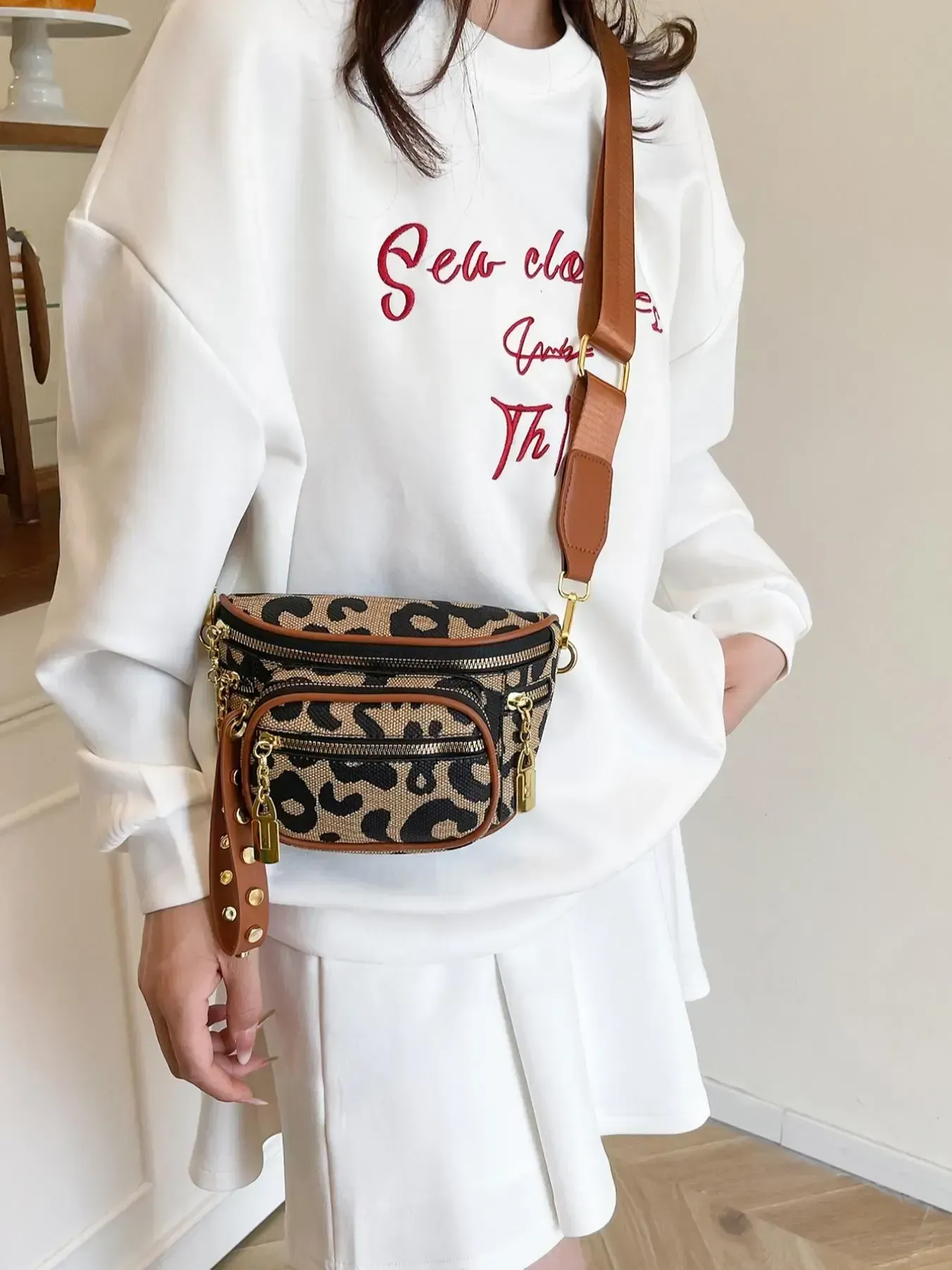 Mini Crossbody Belt Bag, Pure Color Design, Punk Style, Geometric Pattern, Leopard, Multi-Layer Storage, Suitable for All Seasons, Zipper Belt Bag, Crossbody Fanny Pack, Casual Bum Bag