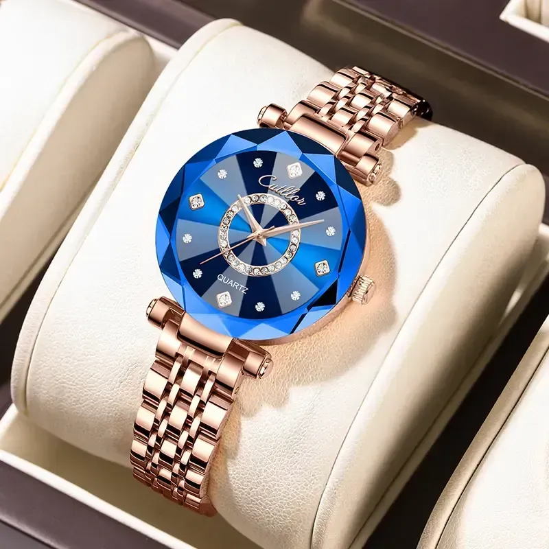 Women's Elegant Round Analog Quartz Watch Stylish Versatile Exquisite Waterproof Watch with Diamond Cut Glass