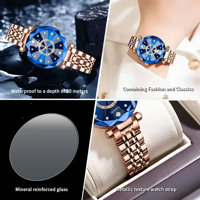 Women's Elegant Round Analog Quartz Watch Stylish Versatile Exquisite Waterproof Watch with Diamond Cut Glass