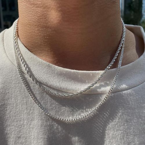 Tewiky Trendy 2Pcs 3mm Chain Necklace for Men - Layered Sterling Silver Cuban Link Rope Necklaces Set Simple Jewelry Gift Present Jewelry