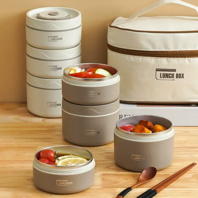 Portable Insulated Food Lunch Container Set, 4 Counts Thermal Lunch Boxes & 1 Count Insulated Bag, 4 Separate Stackable Lunch Container for Adult & Kids, Meal Prep Containers, Durable Bento Box