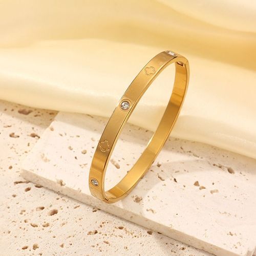 Fashion Gold-Plated Four-Leaf Clover Diamond-Studded Open Bangle, Women's Light Luxury Versatile Stackable Stainless Steel Jewelry