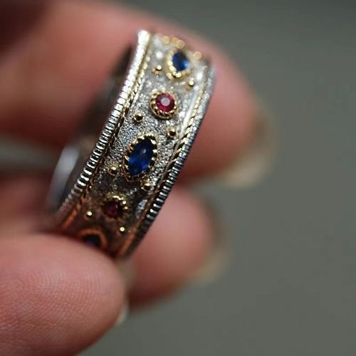 Twin Crest·Red and Blue Enamel Ring