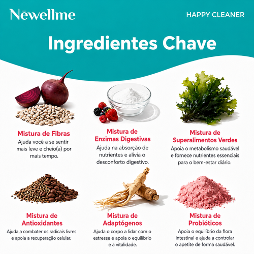 NEWELLME Happy Cleanse – Suplemento em Pó com Superalimentos, Probióticos, Enzimas Digestivas e Moringa – Probióticos e Prebióticos para Limpeza e Saúde Intestinal e Apoio à Imunidade🌿