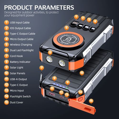 Cross-border 30000mAh magnetic with cable solar charging treasure wireless charging outdoor three defense fast charging mobile power