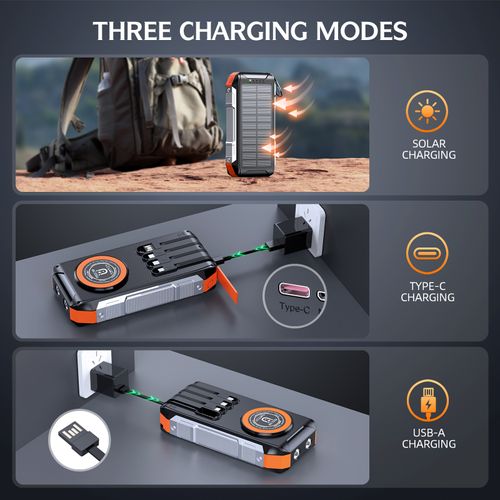 Cross-border 30000mAh magnetic with cable solar charging treasure wireless charging outdoor three defense fast charging mobile power