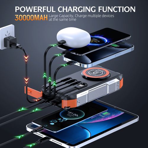 Cross-border 30000mAh magnetic with cable solar charging treasure wireless charging outdoor three defense fast charging mobile power