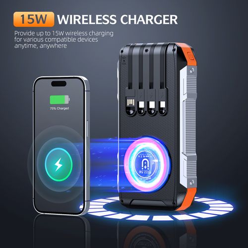 Cross-border 30000mAh magnetic with cable solar charging treasure wireless charging outdoor three defense fast charging mobile power