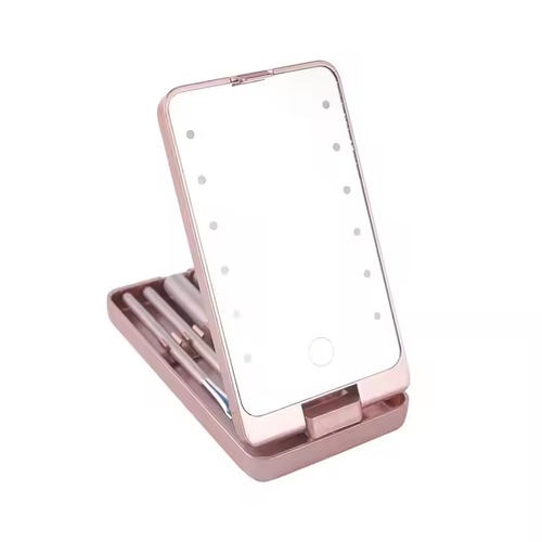 Square Portable Plastic Personalised Led Lights Quality Makeup Face Brush Mirror Set Holder