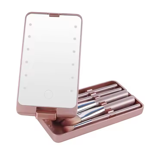 Square Portable Plastic Personalised Led Lights Quality Makeup Face Brush Mirror Set Holder