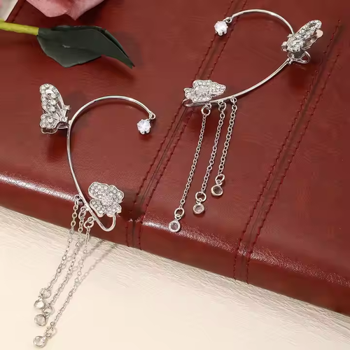 One pair, silver ！Trendy Hot Selling Party Shining Zircon Flower Butterfly Bling Silver Gold Rhinestone Ear Clip Earrings for Women