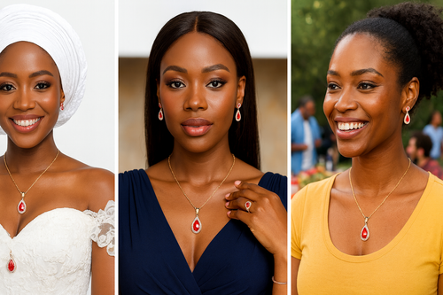 African Wedding Fashion Jewelry Set for Women, Gold Plated Red Crystal Bridal Necklace Earrings Ring Bracelet, Party, Church & Aso Ebi Accessories