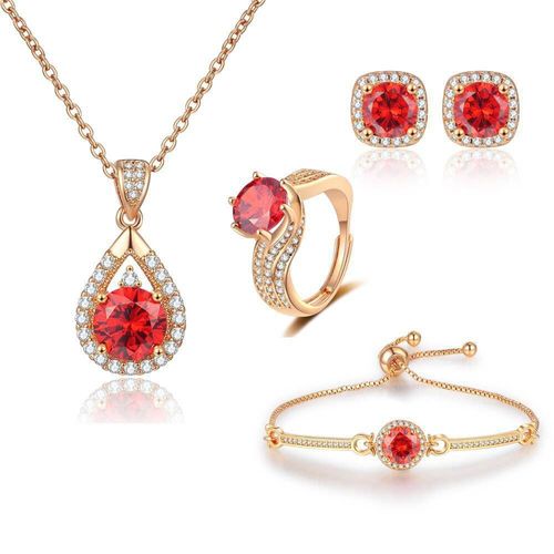 African Wedding Fashion Jewelry Set for Women, Gold Plated Red Crystal Bridal Necklace Earrings Ring Bracelet, Party, Church & Aso Ebi Accessories