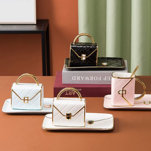 Custom exquisite bag-shaped cappuccino coffee cup ceramic tea cup and saucer ceramic coffee cup with saucer