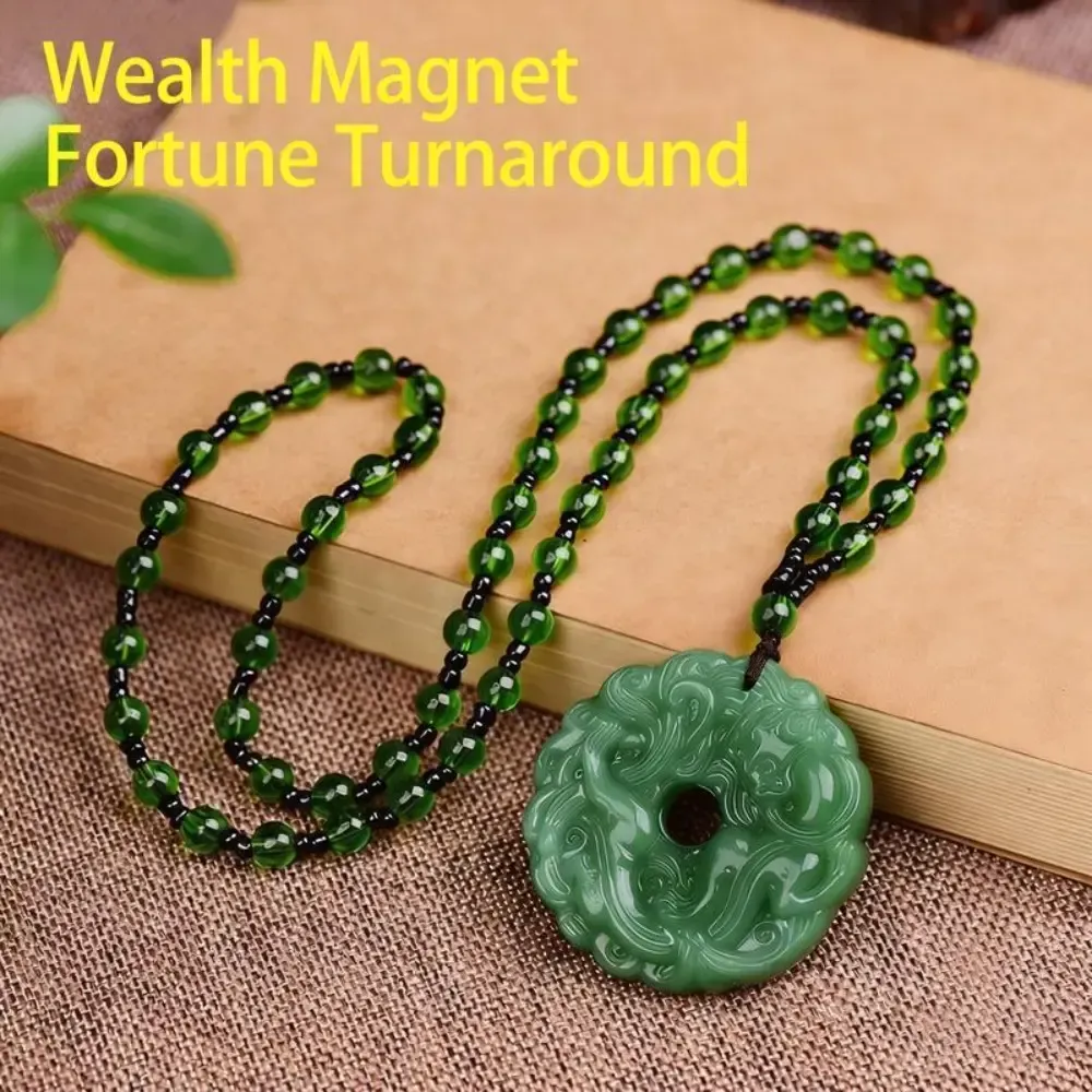 Green Jade Hand Carved Pixiu Dragon Necklace Lucky Wealth Attraction Protection Amulet Unisex Gift