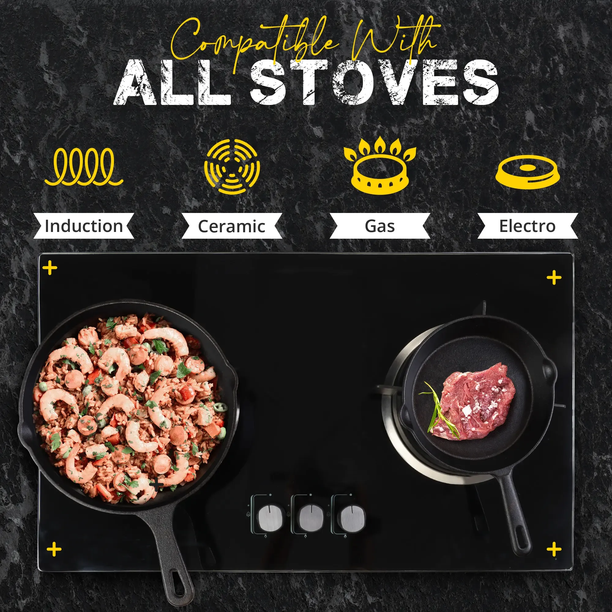 3-Piece Black Cast Iron Skillet Set, Pre-Seasoned 16-20-26cm Frying Pans, Oven Stove Grill Campfire Safe, Easy Use Cookware