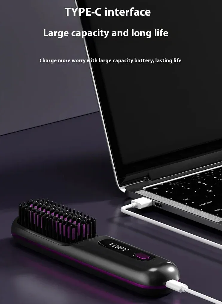 Cordless Hair Straightener. Rapid Heating Cordless Hair Straightener Brush, Lightweight Hot Comb for Women | Type-C Charging Port, Anti-Scald, USB Rechargeable