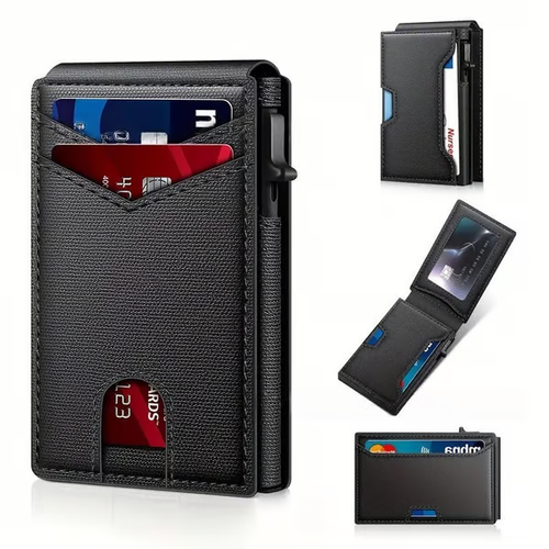 💼🔒Premium Aluminum RFID Blocking Minimalist Wallet - Pop-Up Card Access, Money Clip & ID Window