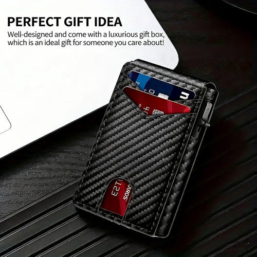 💼🔒Premium Aluminum RFID Blocking Minimalist Wallet - Pop-Up Card Access, Money Clip & ID Window