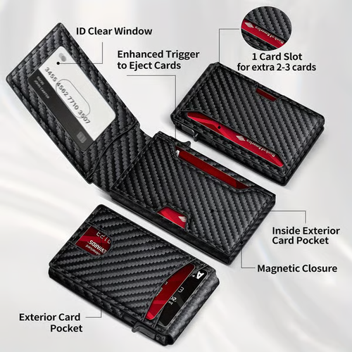 💼🔒Premium Aluminum RFID Blocking Minimalist Wallet - Pop-Up Card Access, Money Clip & ID Window
