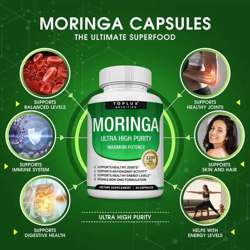 Toplux Moringa Capsules 1200mg - Pure Moringa Powder for Immune, Gut health 90 Capsules