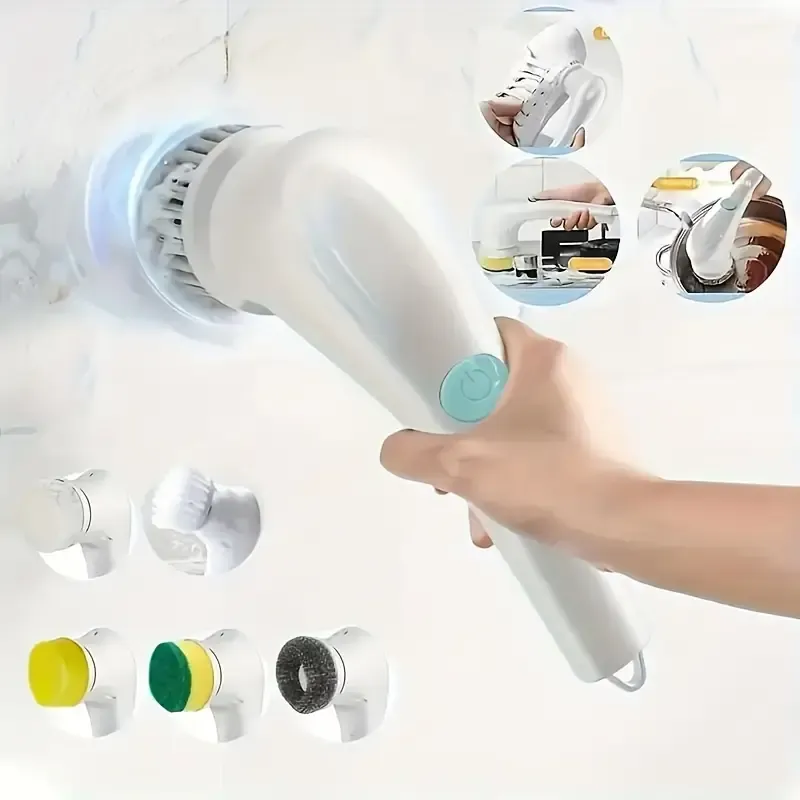 Electric cleaning brush steel wool five brush heads long handle handheld cleaning kitchen dishwashing artifact