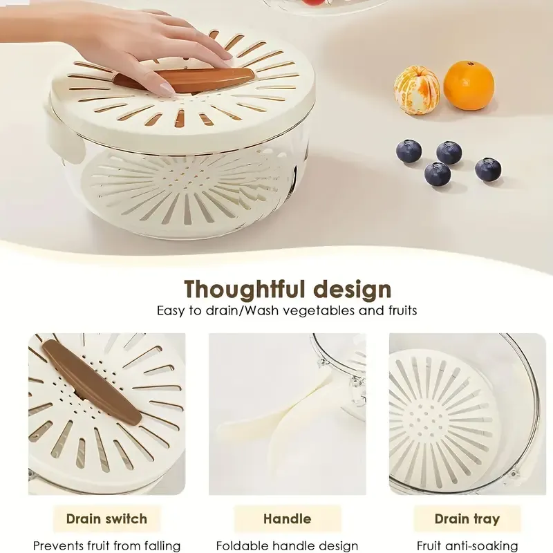 2-In-1 Draining and Preservation Basket, Fruit Washing Bowl with Strainer, Multifunctional Fruit and Vegetable Washing Bowl, Container with Handle, Fruit Cleaning Bowl, Fruit Strainer Colander Bowl Fruit Drain Basket