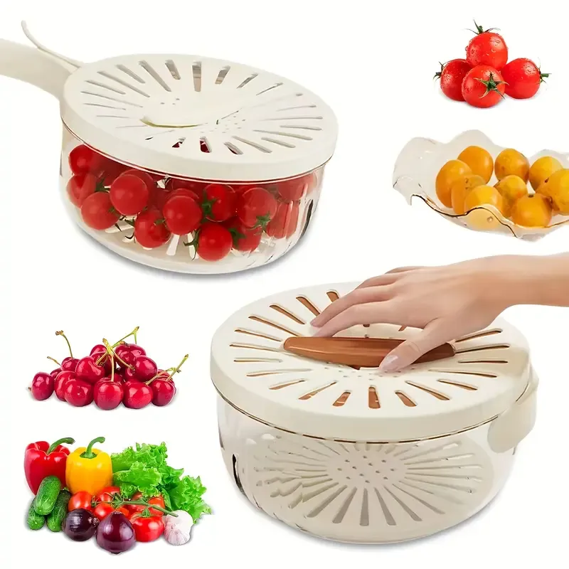 2-In-1 Draining and Preservation Basket, Fruit Washing Bowl with Strainer, Multifunctional Fruit and Vegetable Washing Bowl, Container with Handle, Fruit Cleaning Bowl, Fruit Strainer Colander Bowl Fruit Drain Basket