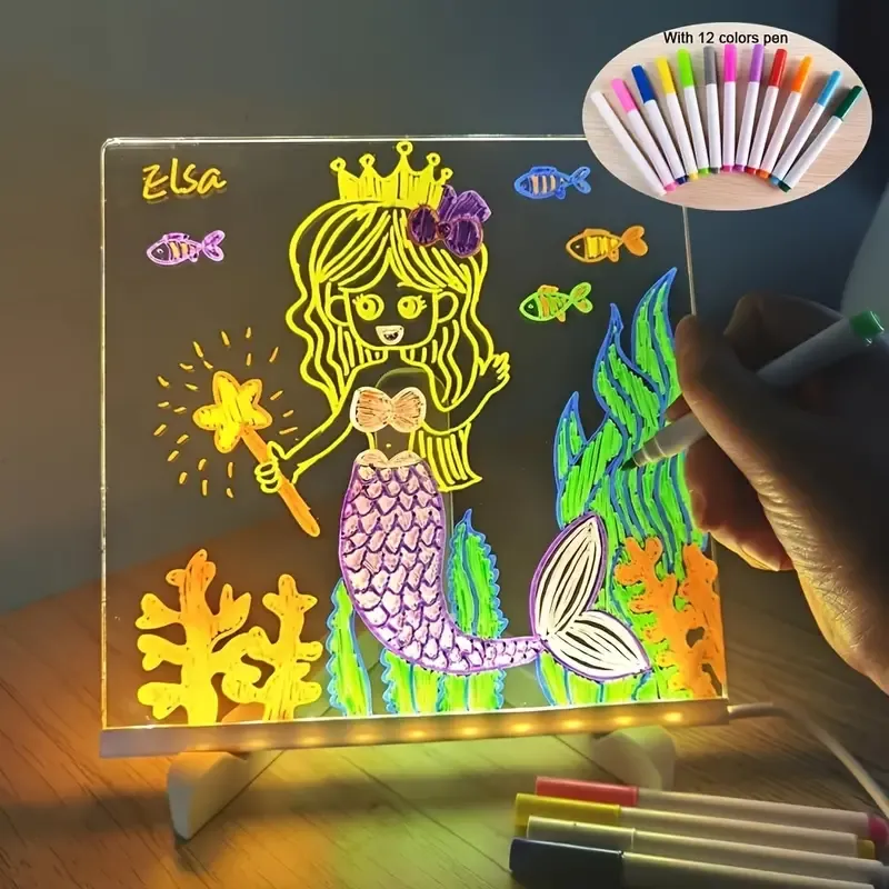 1pc 12 Colors USB LED Acrylic Note Board With Light, Stand, and Dry Erase Drawing Function for Office