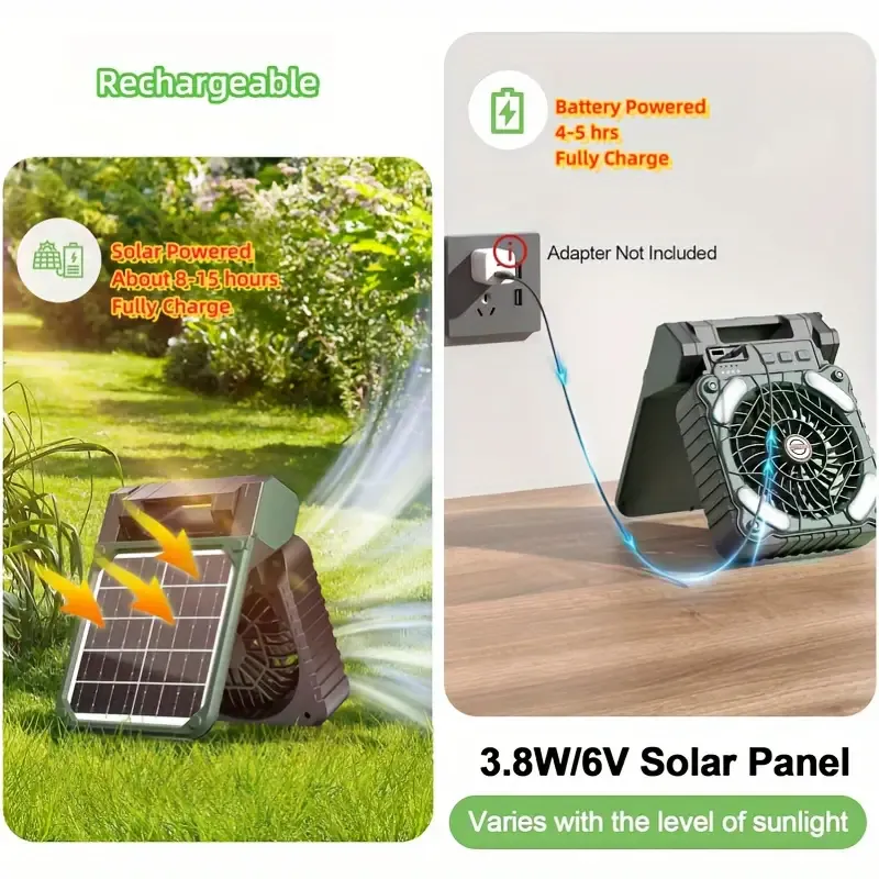 1pc Portable Folding Solar-Powered LED Light and Fan Combo with Antique Metal Finish, Rechargeable Lithium Battery, USB Charging, ABS Material, ≤36V Operating Voltage for Camping and Desk Use