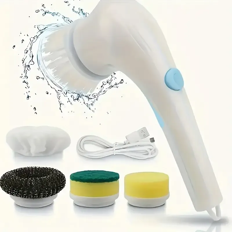 Electric cleaning brush steel wool five brush heads long handle handheld cleaning kitchen dishwashing artifact
