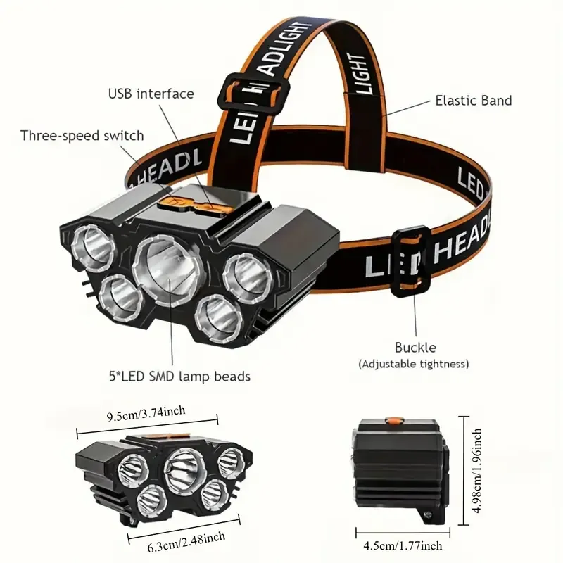Rechargeable LED Headlamp with Adjustable Strap, 5 LEDs, 4 Modes, USB Charging - Ideal for Outdoor Activities like Running, Hiking, Camping, Hiking Headlight|Secure Fit Design|Abs Construction