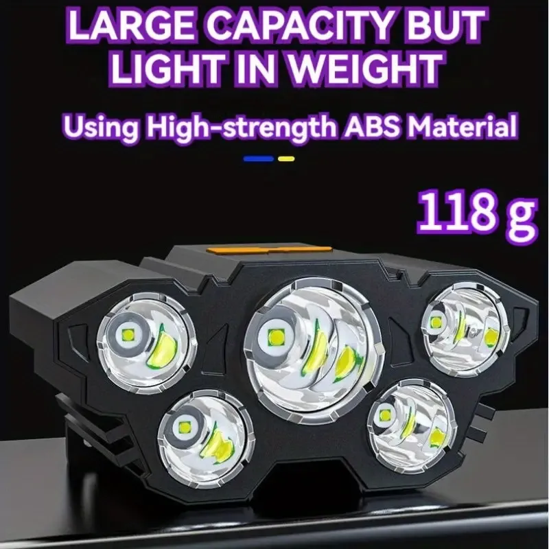 Rechargeable LED Headlamp with Adjustable Strap, 5 LEDs, 4 Modes, USB Charging - Ideal for Outdoor Activities like Running, Hiking, Camping, Hiking Headlight|Secure Fit Design|Abs Construction