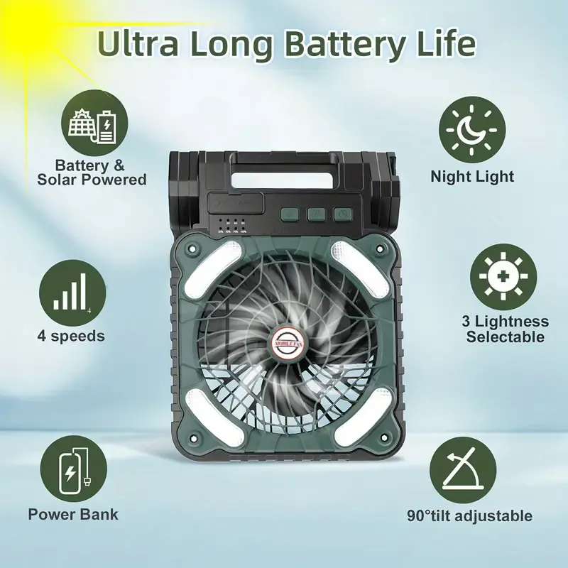 1pc Portable Folding Solar-Powered LED Light and Fan Combo with Antique Metal Finish, Rechargeable Lithium Battery, USB Charging, ABS Material, ≤36V Operating Voltage for Camping and Desk Use