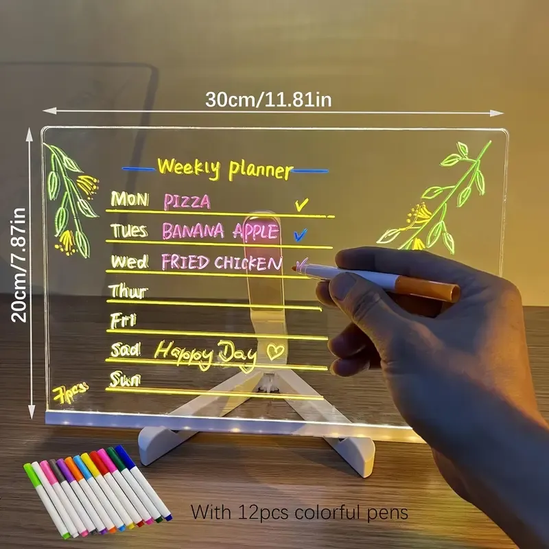1pc 12 Colors USB LED Acrylic Note Board With Light, Stand, and Dry Erase Drawing Function for Office