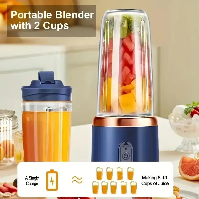 Juicer Portable, USB Rechargeable Mini Juice Cup with 6 Blades, with Two Removable Food Grade ABS Round Juicing Cups And a Cap, Push Button Control for On-The-Go Juices, Shakes And More. - Perfect for Gift Giving!