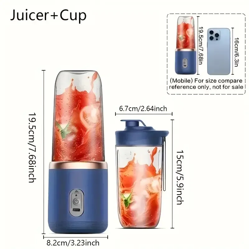 Juicer Portable, USB Rechargeable Mini Juice Cup with 6 Blades, with Two Removable Food Grade ABS Round Juicing Cups And a Cap, Push Button Control for On-The-Go Juices, Shakes And More. - Perfect for Gift Giving!