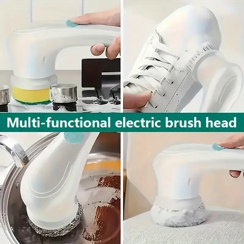 Electric cleaning brush steel wool five brush heads long handle handheld cleaning kitchen dishwashing artifact