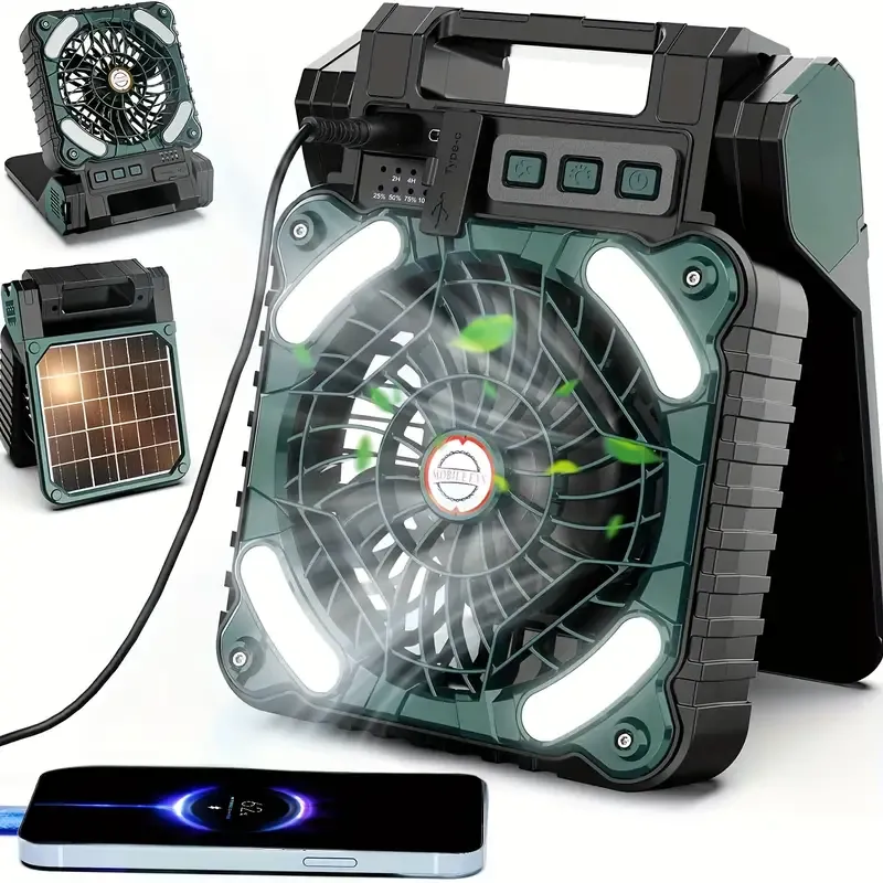 1pc Portable Folding Solar-Powered LED Light and Fan Combo with Antique Metal Finish, Rechargeable Lithium Battery, USB Charging, ABS Material, ≤36V Operating Voltage for Camping and Desk Use