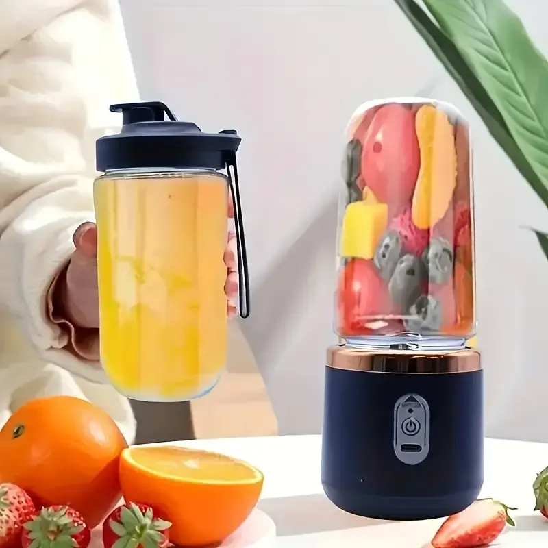 Juicer Portable, USB Rechargeable Mini Juice Cup with 6 Blades, with Two Removable Food Grade ABS Round Juicing Cups And a Cap, Push Button Control for On-The-Go Juices, Shakes And More. - Perfect for Gift Giving!