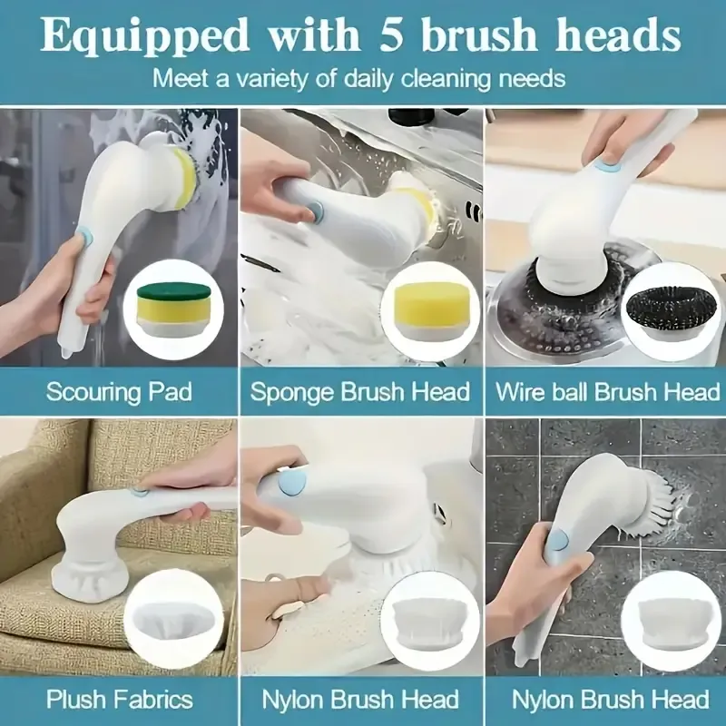 Electric cleaning brush steel wool five brush heads long handle handheld cleaning kitchen dishwashing artifact