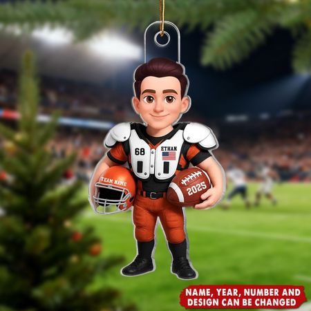 3D-Effekt Stolzer American Football Spieler - Personalisiertes Weihnachtsornament aus Acryl