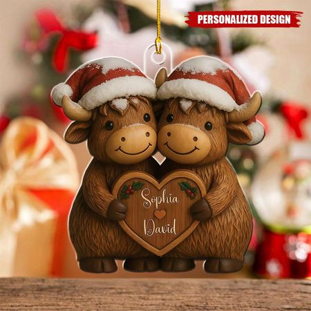 Personalisiertes Weihnachts-Hochlandkuh-Paar-Acryl-Ornament