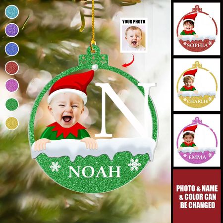 Weihnachtself-Monogramm-Kind – Personalisierter Acryl-Fotoschmuck