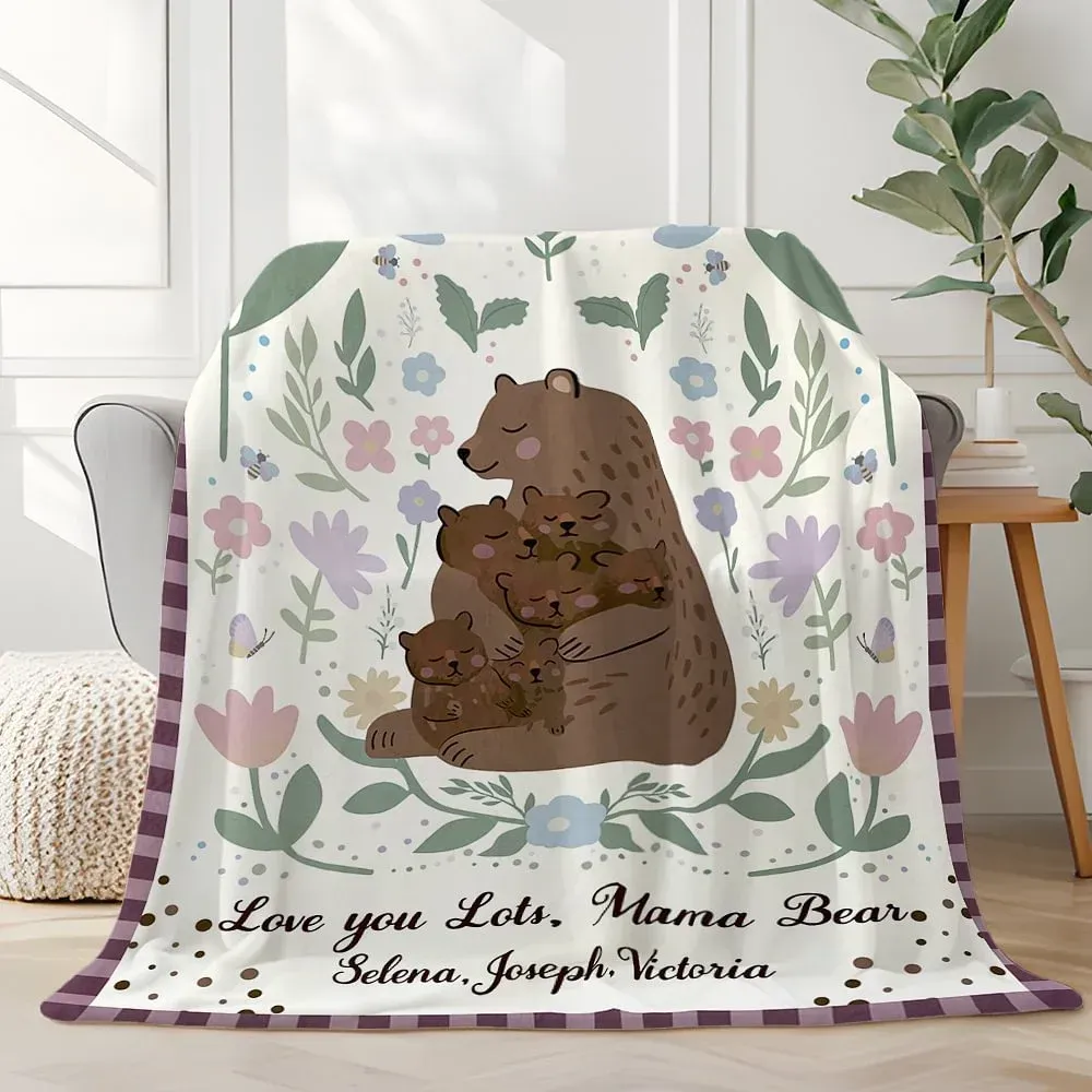 Personalisierte Kuscheldecke Ich liebe dich, Mama Bär mit Blumenmuster und 1–6 Namen und Text – ideales Geschenk zum Muttertag oder Geburtstag für Mama und Oma